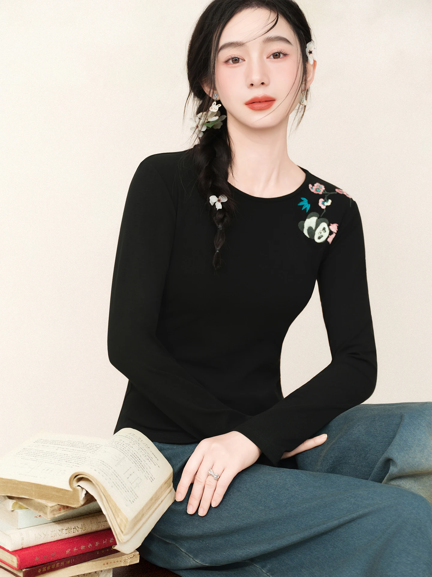 

Оригинальная женская трикотажная футболка Su Luo Long с вышивкой, облегающая, в стиле ретро, из хлопка, новинка весенней коллекции