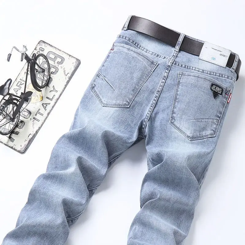 

Fashion Luxury Korean Style Jeans for Men Slim-Fit Summer Cowboy Embroidery Designer Boyfriend Punk Washed Blue Casual Pants