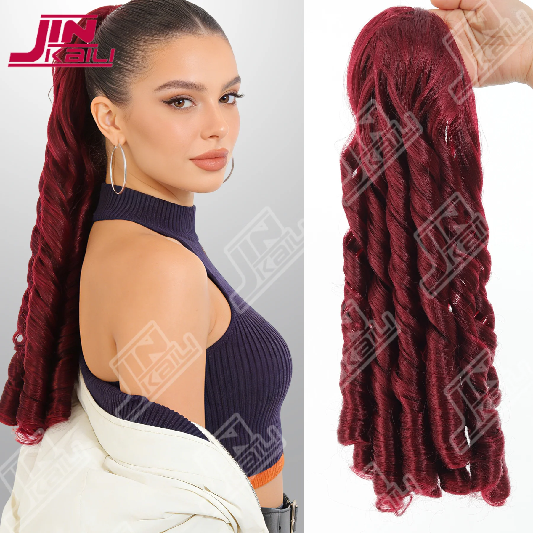 JKL 50CM LONG BLACK/RED ROMAN CURLS CURLY CLIP IN HAIR EXTENSIONS PIECES PONY TAIL SYNTHETIC HAIR DRAWSTRING PONYTAIL