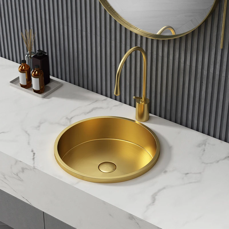 Light luxury brushed gold circular stainless steel countertop basin, semi embedded washbasin, semi hanging washbasin table