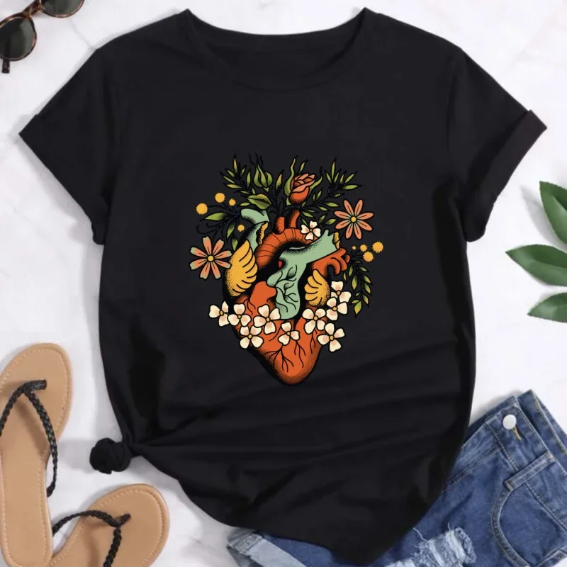 تي شيرت كاجوال برقبة دائرية مقاس كبير تي شيرت مطبوع بنمط قطة لطيف للنساء تي شيرت بأكمام قصيرة مطبوع عليه زهرة العين الرجعية