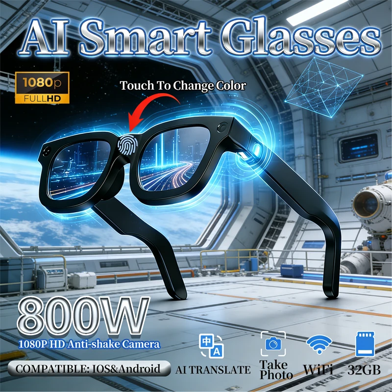 

Новые электрохромные смарт-очки 2026 года с HD-камерой 800W, интерактивным ИИ, синхронным переводом и беспроводными звонками
