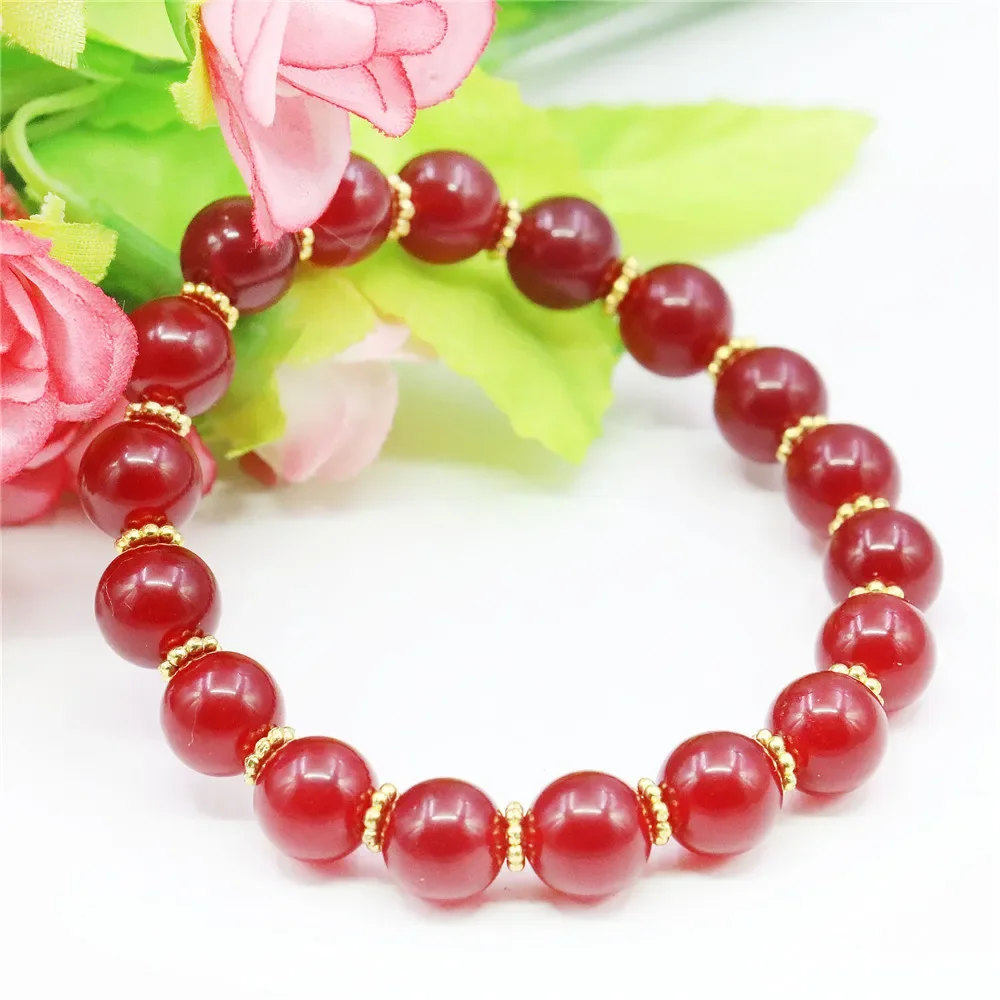 10mm Round Red Ruby Bracelet Natural Stone Elastic Jewelry Making Design Alloy Flower Septal Beads Hand Made Women Girls Gifts