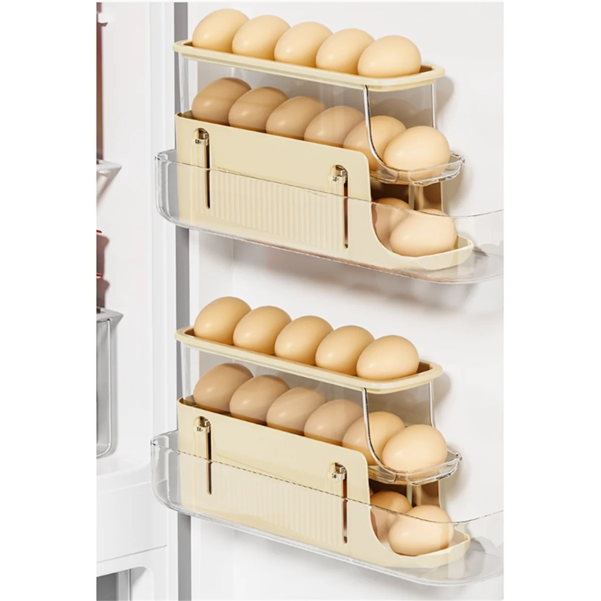 3 Tier Foldable Egg Holders,Rolling Egg Holder for Refrigerator,Automatic Rolling Egg Storage Tray,Egg Tray Cream Color