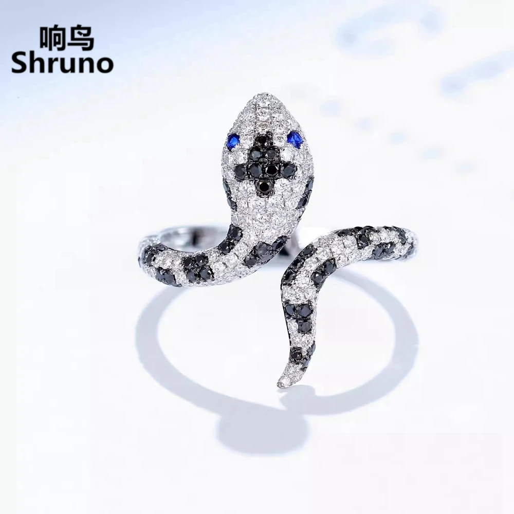 Shruno Solid 14k au585 White Gold Snake Diamond Ring Women Personality Black Diamond Women Band AU750 Gold Animal Trendy Jewelry