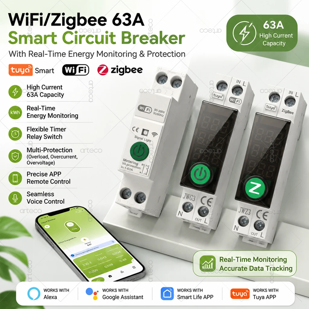 Tuya WiFi Zigbee Smart Circuit Breaker 1P+N 63A Timer Power Energy kWh Voltage Current Meter Protector App Remote Control Switch