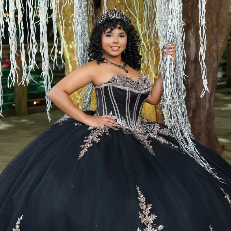 

Black Quinceanera Dresses Off the Shoulder Crystal Glitter Decal 3D Flower Long tail Bow Vestidoe 15 Quinceanera Customize