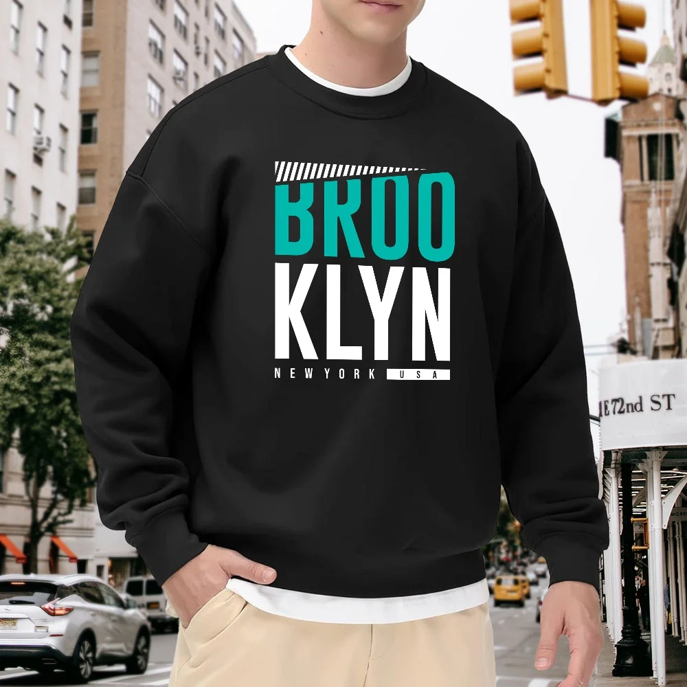 

Men's Black Loose-Fitting Crew Neck Pullover Sweatshirt with Brooklyn Letter Print, Street Style Top, Casual Versatile Trendy Style, Comfortable Breathable Long-Sleeve Top