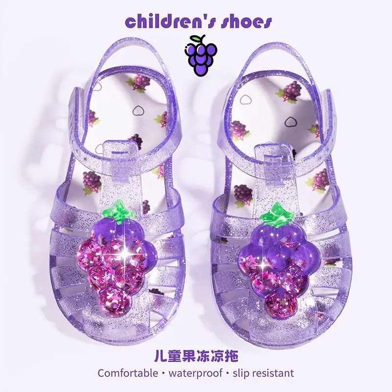 

New Girl Transparent Crystal Sandals Cute Cartoon Printed Princess Shoe Soft Soles Non Slip Sandals Toddlers Young Children Shoe