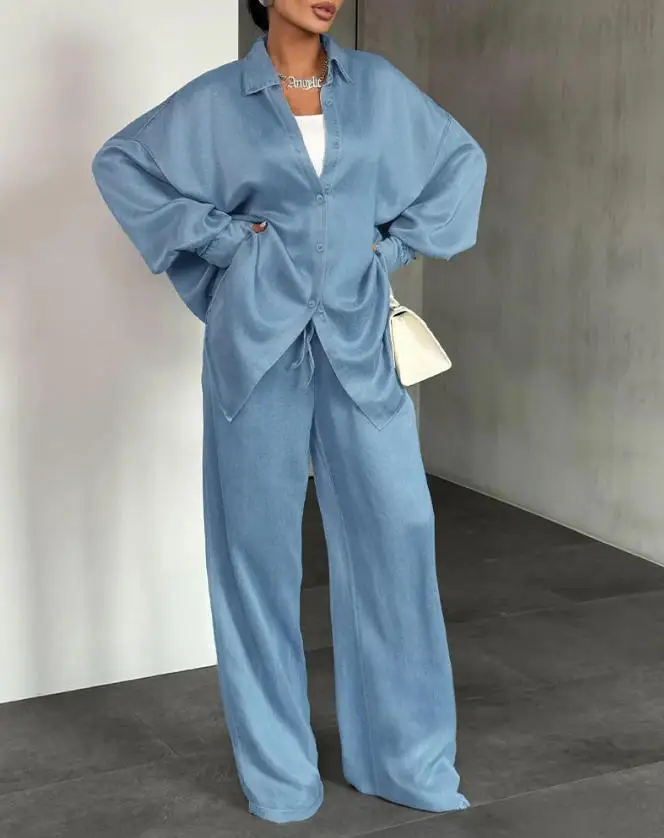 

Spring New Fashion Casual Women's 2-Piece Set Solid Color Collar Button Front Loose Shirt High Waist Wide Leg Pants Set