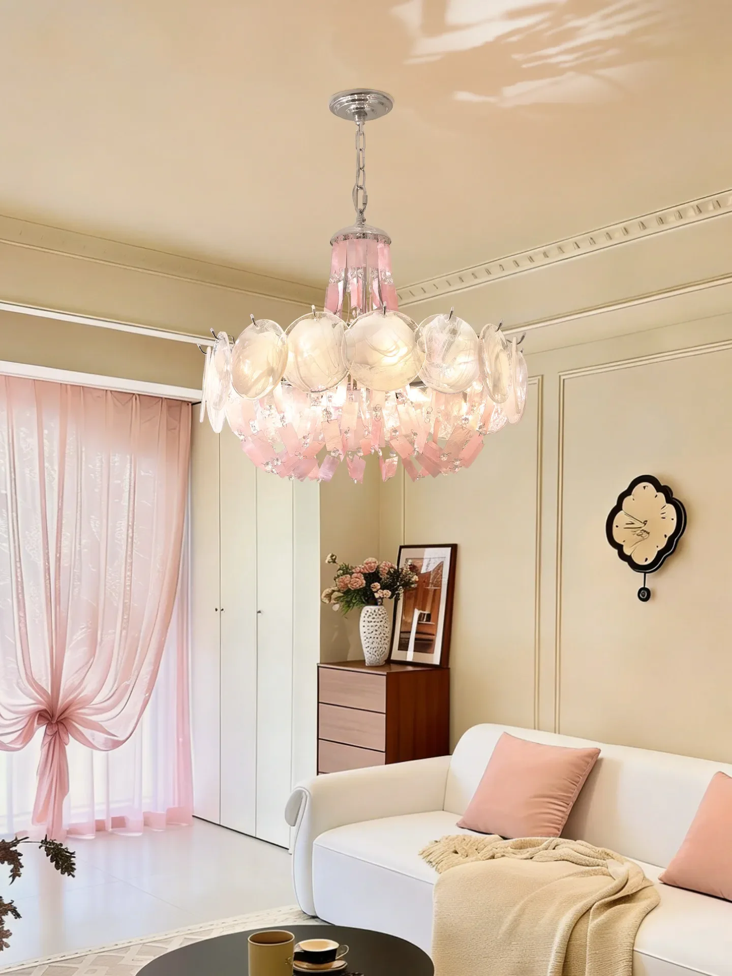 French Smoke Glass Shell Pendant Lamp, Antique Style Warm Romantic Pink Light for Master Bedroom