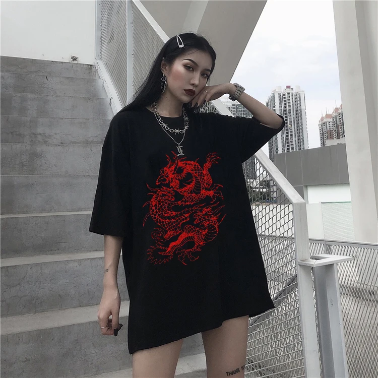 T-shirt Harajuku Y2K Street Sle pour femmes, haut imprimé Dragon Goth, vêtements d'automne 00% d'autres matériaux