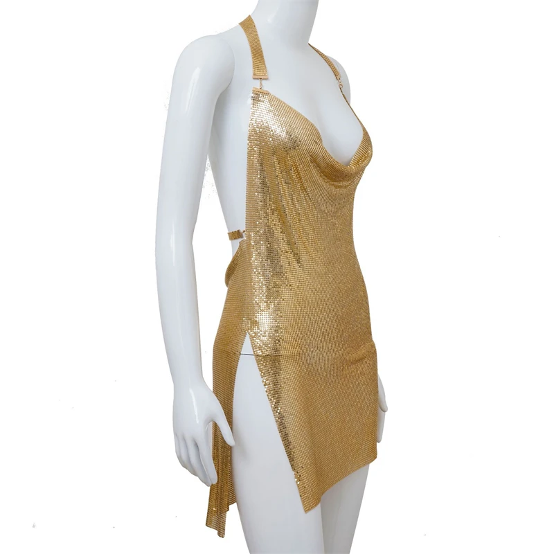 Damen Glänzendes Kettenhemd-Minikleid mit Neckholder und Wasserfallausschnitt für Nachtclub und Abendpartys, Modische Metall-Pailletten-Kleidung, Geschenk für Mädchen und Damen – Detail 10