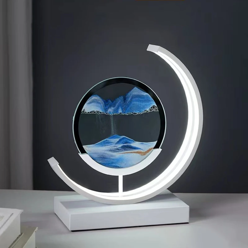 3D LED Quicksand Painted Light Glass Natural Landscape 360 ° Rotation Creative Art Hourglass Living Room Bedroom Bedside Light