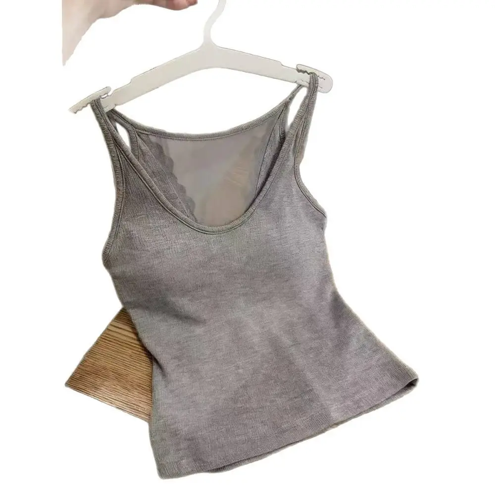Elegant Lace Back Tank Top Women Ribbed Camisole Built In Bra Summer V Neck Slim Fit Sleeveless Soft Cotton Vest Top