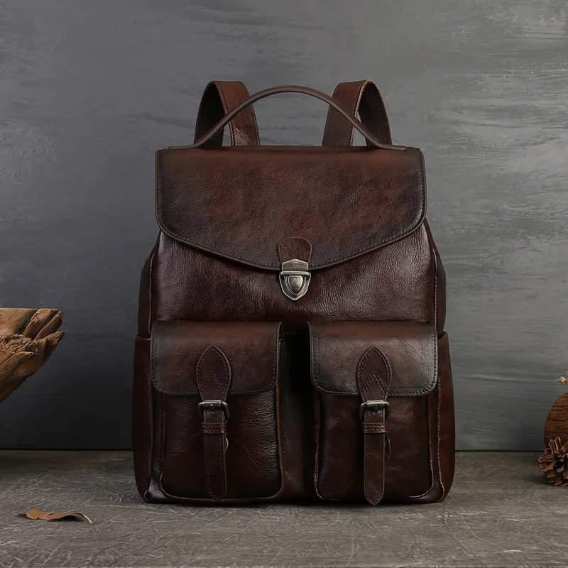 2025 Layer Cowhide Backpack Men's And Women Leisure Travel Vintage Large Capacity Leather Buckle Backpack SchoolBag