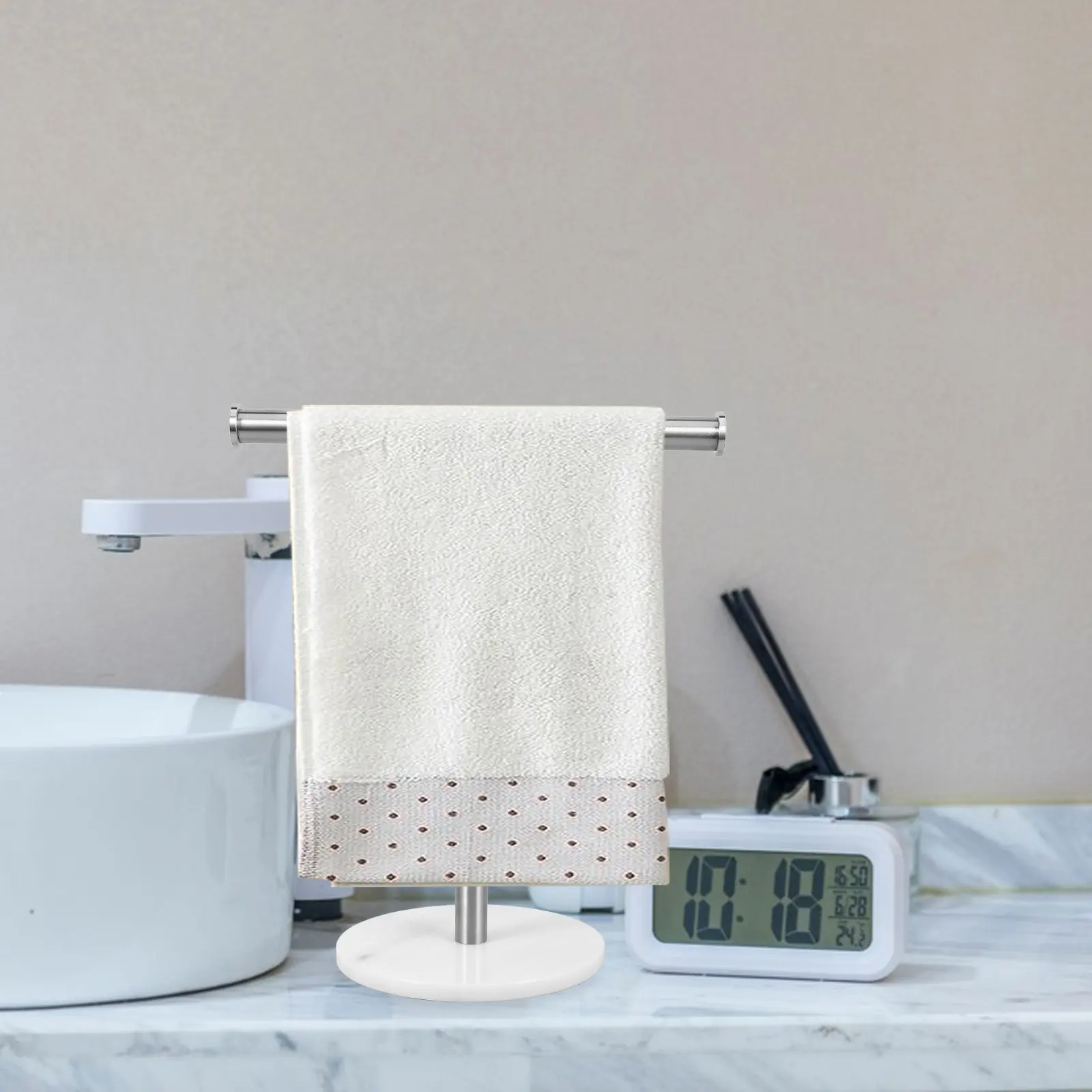 

Stainless Steel T-Shaped Towel Rack Marble Base Standing Countertop Bathroom Kitchen Hand Towel Holder Storage Organizer