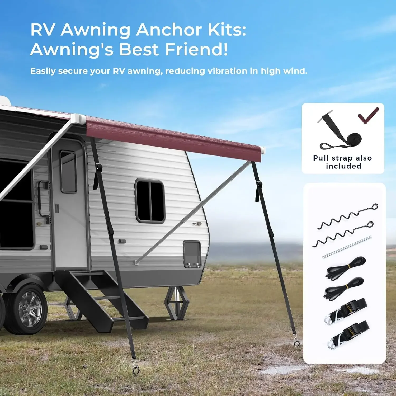 

RV Awning Fabric Replacement - 18.5oz Heavy Duty Vinyl With Tie Down Kits, 7 Hooks & Pull Strap for Trailer Camper Fabric 15'2"