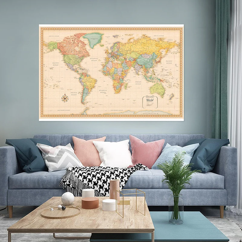 The World Map Classic Edition Vinyl Spray Map Decorative Hanging Picture Poster Prints for School Home Office Supplies 120x80cm