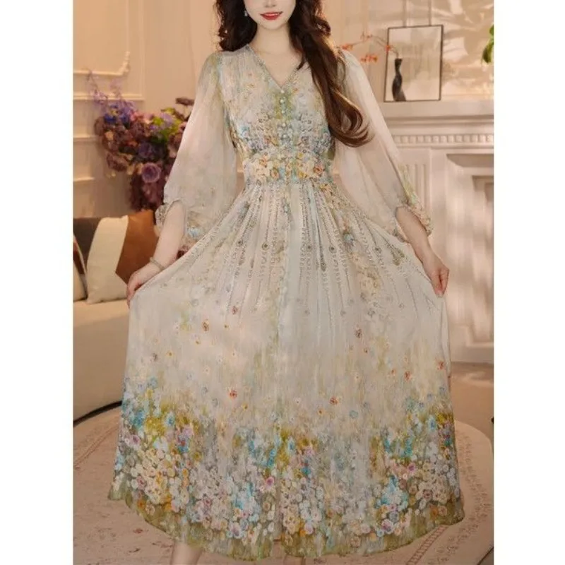 

Plus Size XXXL High-Quality Floral Dress French New Temperament Thin High-End Light Luxury Print Big Swing Long Dress Demale