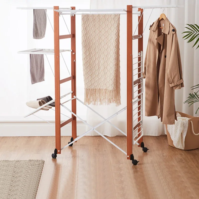 

Three-layer heightened foldable floor drying rack, beech solid wood mobile outdoor drying rack