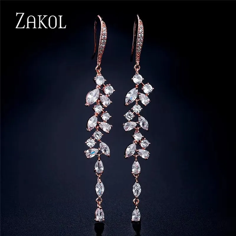 ZAKOL Two Tone Leaf Cubic Zirconia Long Dangle Earrings for Women Bridal Wedding Event Pendant Style