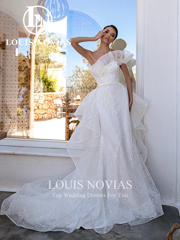 LOUIS NOVIAS Mermaid Wedding Dresses For Women 2024 One Shoulder Appliques Sequined Beading RUFFLE Detachable 2IN1 Wedding Gown