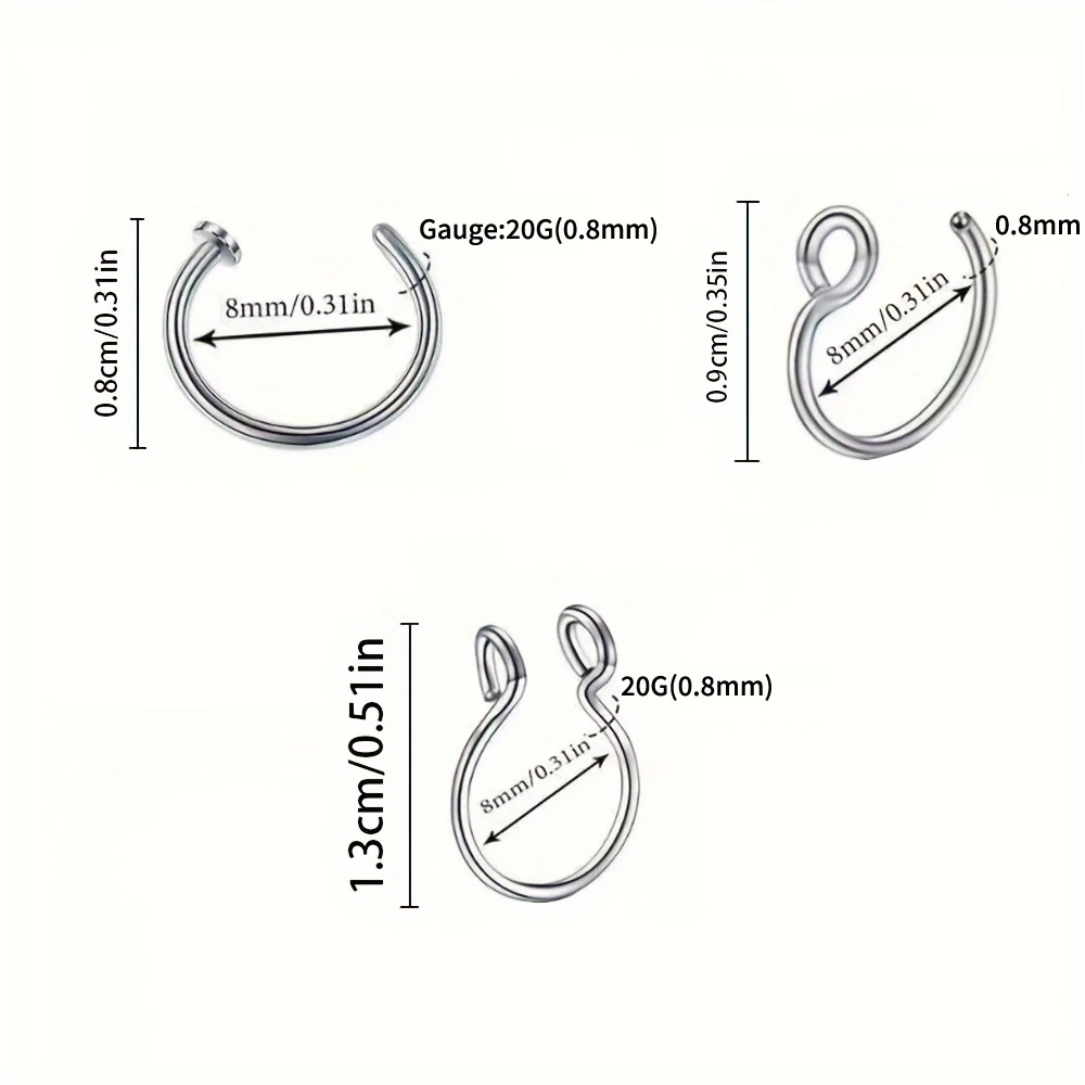 3/5/6pcs Stainless Steel Fake Nose Ring Septal Ring C-Shaped Clip Ring For Unisex Fake Piercing Body Jewelry Non Piercing