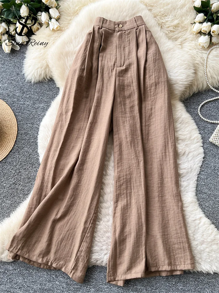 Linen Lazy Wide Leg Pant Office Lady Simple Style Versatile Solid Elastic High Waist Summer Chic Women Casual Britches