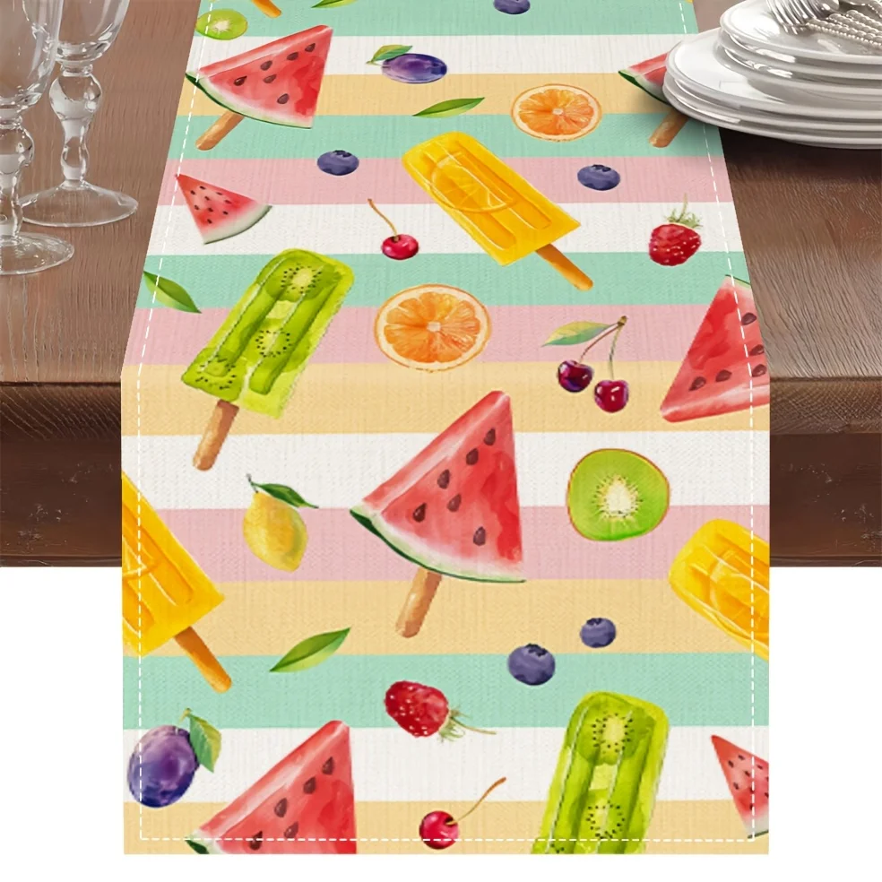 1PC Spring Summer Striped Table Runner Fruit Ice Cream Pattern Home Party Decorative Tablecloth Accessory