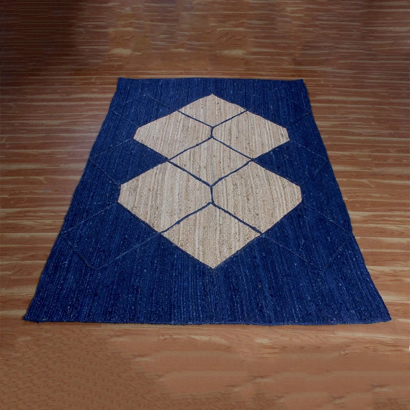 Natural Jute Area Rug Hand Braided Bedroom Rugs Geometric Diamond Pattern Beige Dark Blue