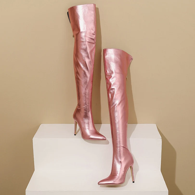 Bright Patent Leather Material Ultra-High Thin Pointed Sexy Over The Knee Boots Breathable Inner Lining Zipper Sewing Long Boots