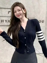 New Sexy V-neck Slim Cardigan Women Knitted Hollow Out Striped Long Sleeve Autumn Sweater Korean Fashion Tops Clothing Knitwear