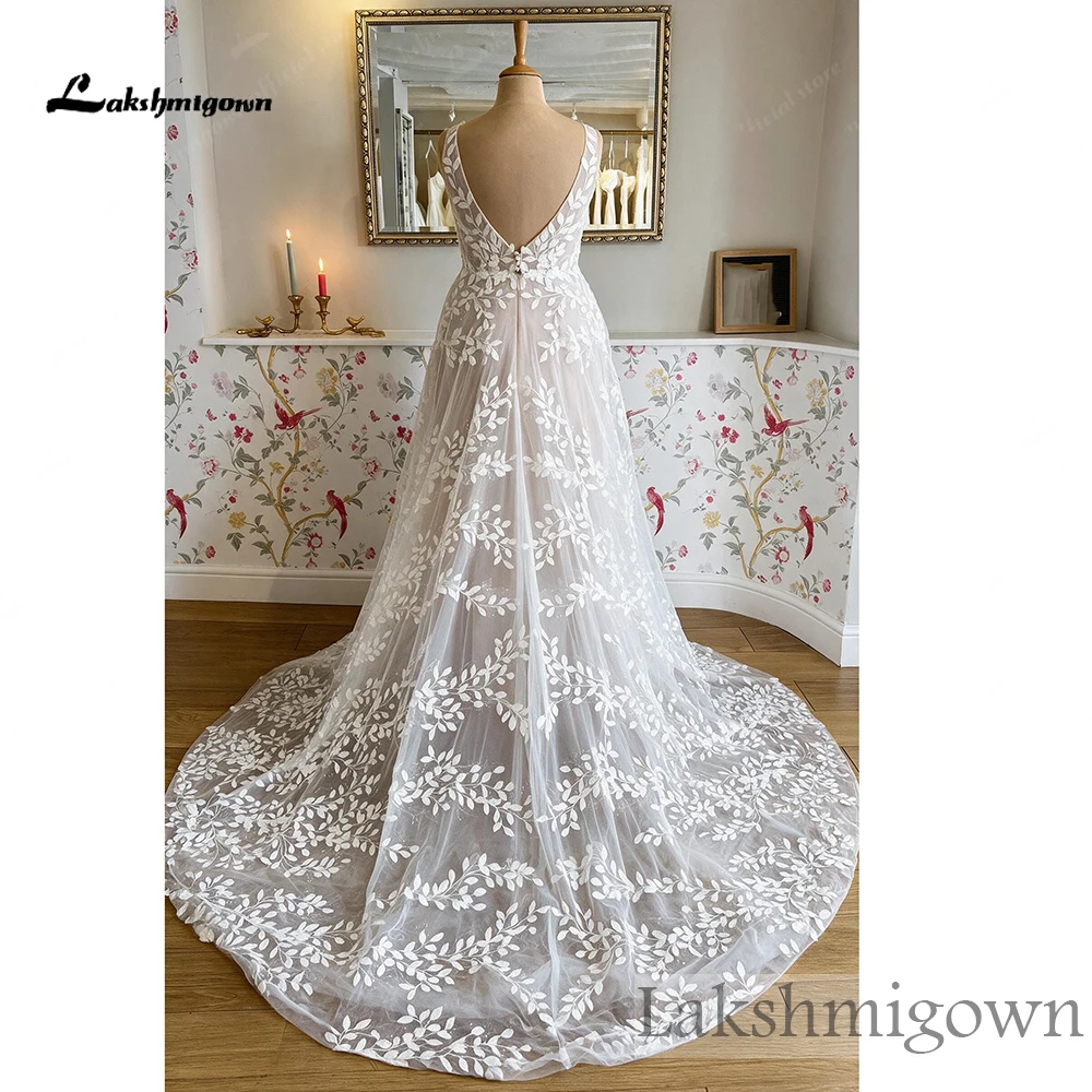 Lakshmigown Flügelärmel Blattspitze A-Linie Hochzeitskleid 2027 Tiefer V-Rücken Tüll-Brautkleid mit Kathedralenschleppe Maßanfertigung – Detail 6