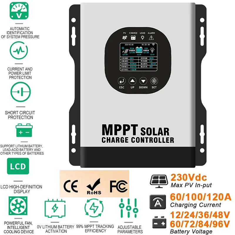 MPPT Solar Charge Controller-no wifi version 12V-192V Adaptive 40A/60A/80A/120A LCD Display Home Energy Storage Control Charger