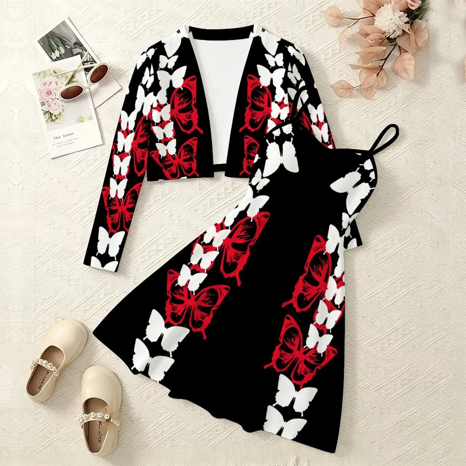 Fashion Girls Print 2Pcs , Casual Long Sleeve Outerwear &Sweet Adorable Slip Dress, Daily Party Outfit