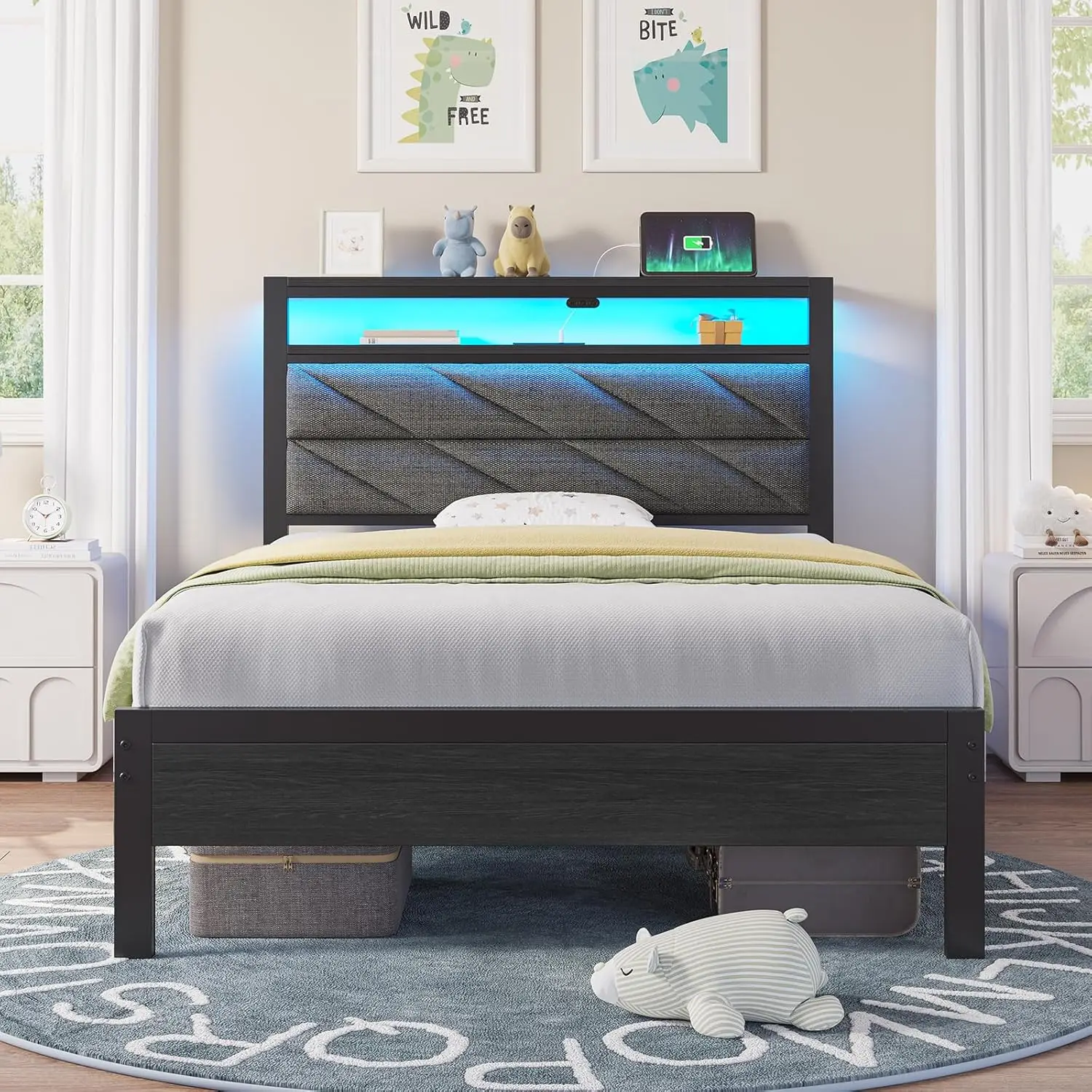 

Каркас кровати Twin Size с зарядной станцией, LED-подсветкой, изголовьем с отсеком для хранения, местом под кроватью, бесшумный, простая сборка, серый цвет