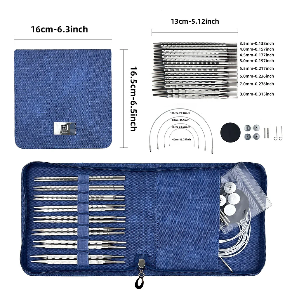 

Knitting Tools Stainless Steel Polished Cube Needle Wave Pattern Changeable Head Ring Needle 8-pay Policy Set