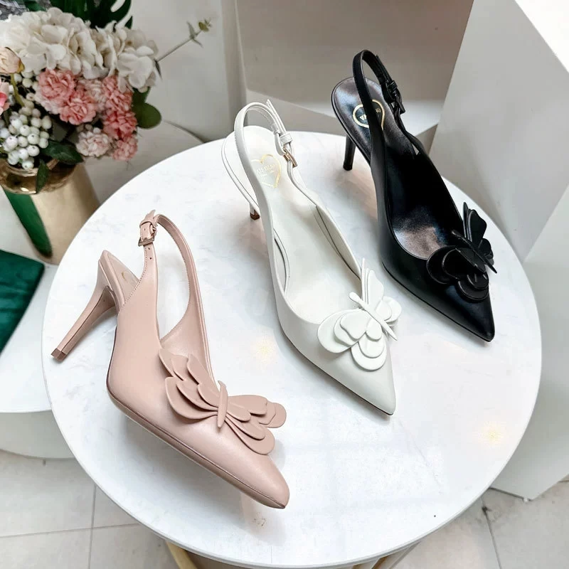 2025 Spring/Summer New High end Butterfly Decorative Pointed Shoes with Empty Lace at the Back, Elegant Stiletto Heels, Sandals
