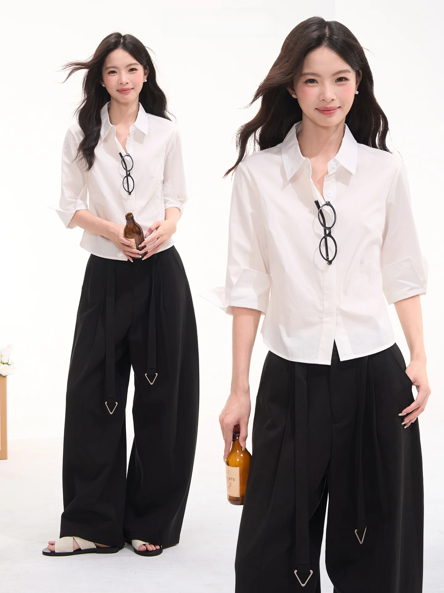 

Elegant White Shirt Waist-Cinching Luxury Sculpture Feeling Women's Top Hem Window Heme Cotton Long Sleeve Button up Shirt