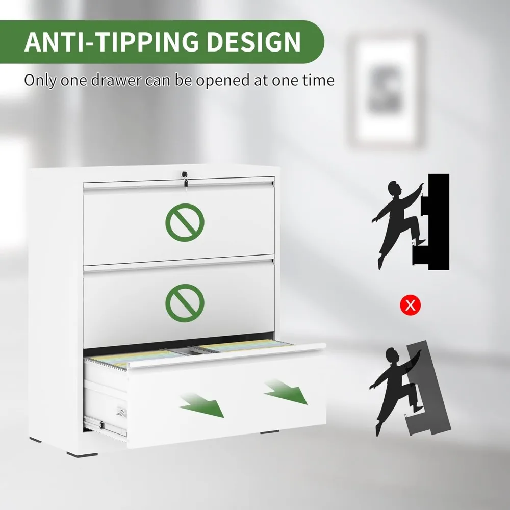 خزائن الملفات الجانبية المعدنية مع قفل، 3 خزائن الملفات ذات الأدراج للمكتب المنزلي، خزائن تخزين منظمة الملفات الواسعة من الفولاذ