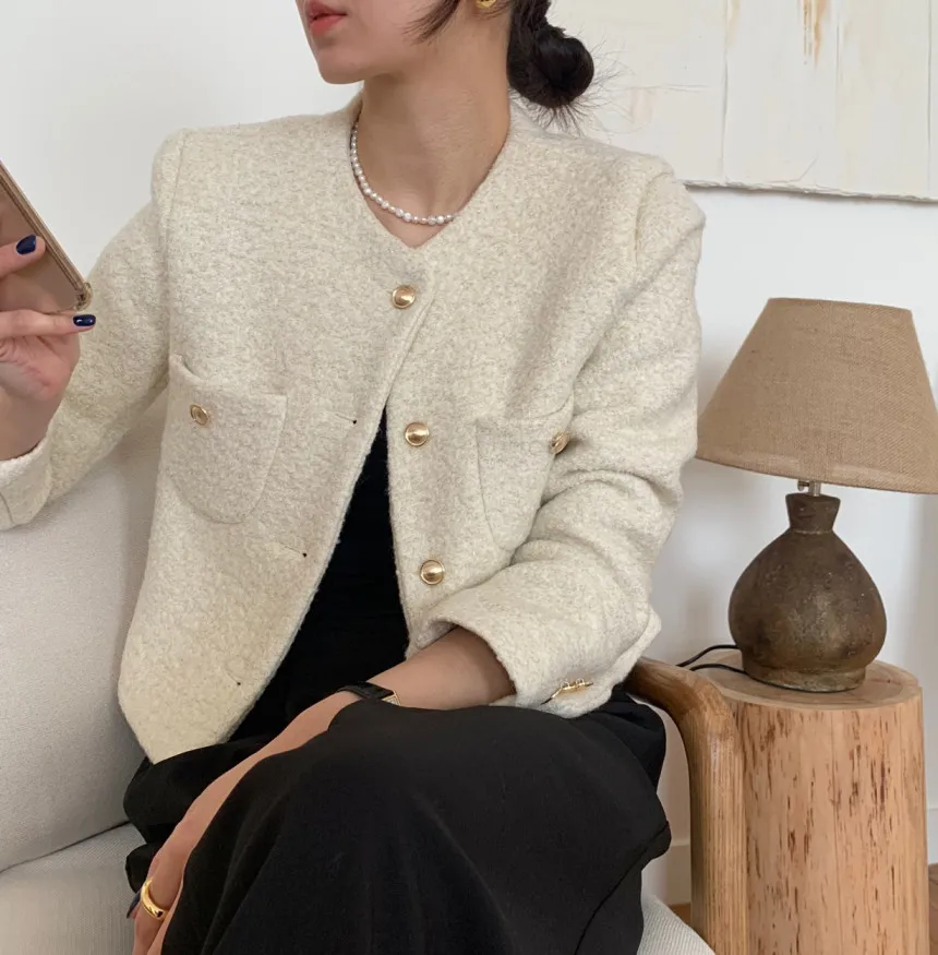 Korean Style Female Short Design Woolen Jackets for Autumn Long Sleeve O-neck Button Fly Office Lady Coats Slim Women's Cardigan