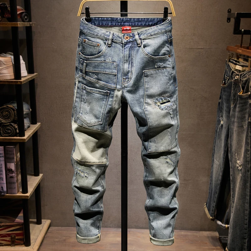 High Street Designer Fashion Men Jeans Retro Blue Stretch Slim Fit Multi Pockets Ripped Jeans Men Patched Hip Hop Denim Pants