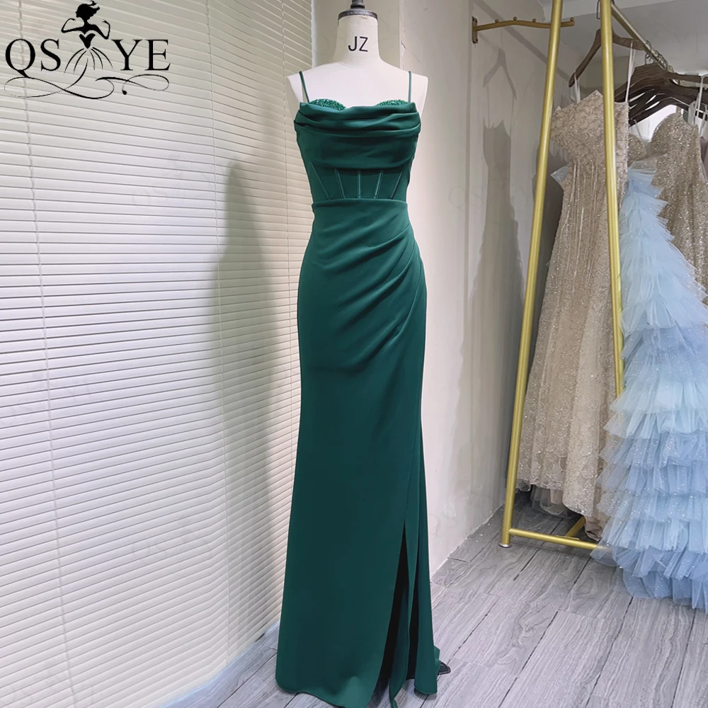 

Cowl Neck Green Evening Dresses Spaghetti Straps Crystal Bead Edge Boned Corset Prom Dress Sexy Slit Tie up Back Party Dresses