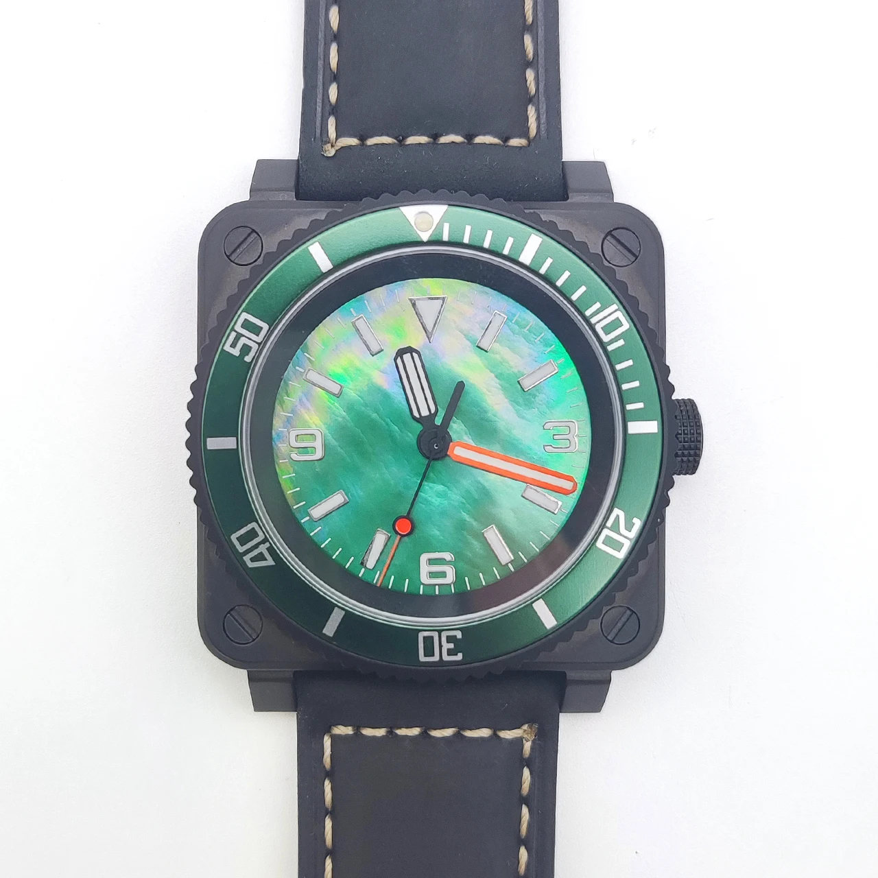 New Arrival 42mm NH35 Square Green Watch, Pearl Luminous Dial Sapphire Crystal Display Back Aluminum Bezel Leather Strap
