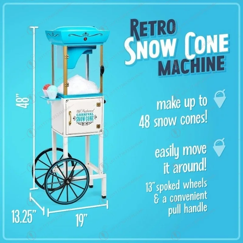 Retro Cart‑Style Snow Cone Shaved Ice Machine, Makes 48 Icy Treats Slushie Maker with Metal Scoop & Storage Compartment
