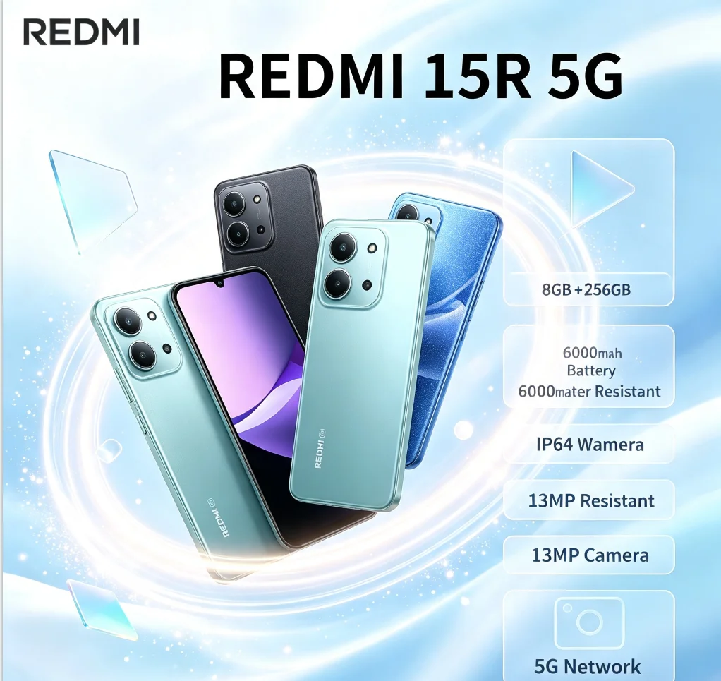 2026 official Redmi 15R Unlocked Dual SIM Mobile Phone 8+256GB 6.9' LCD Display Dimensity Processor 13MP Camera 6000mAh Battery