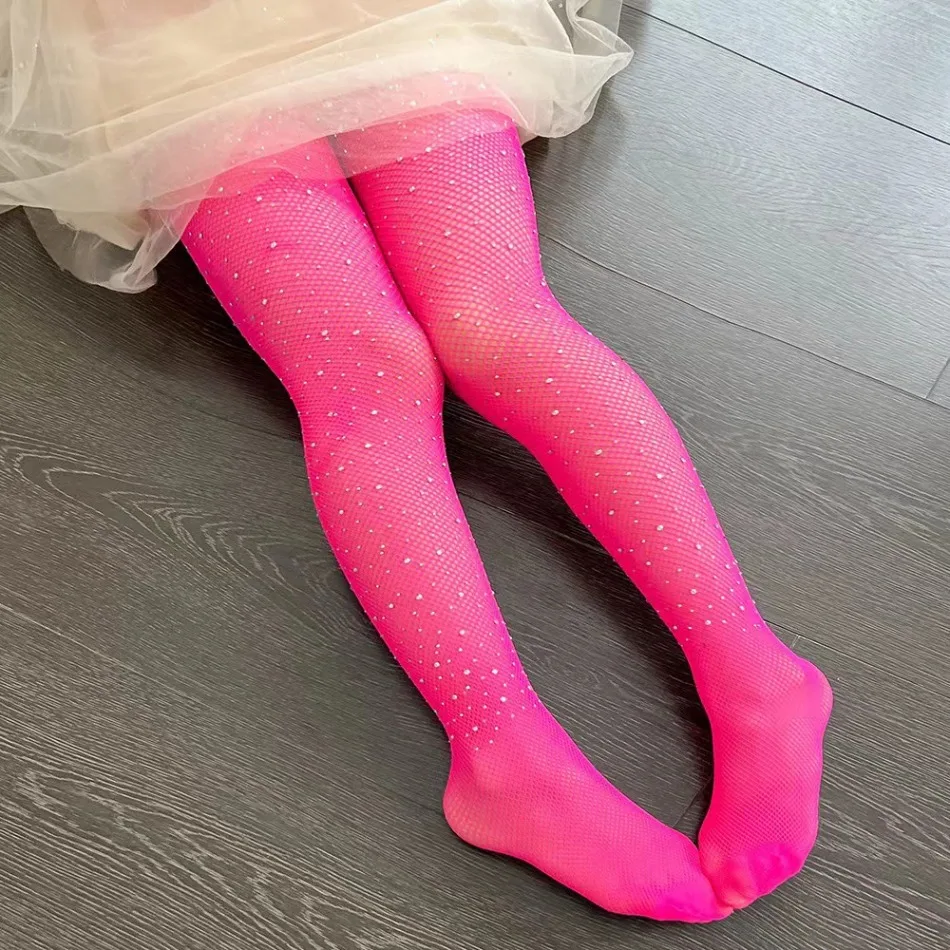 Kids Sparkly Rhinestone Fishnet Tights Girls Shiny Mesh Pantyhose For Party Girls Fish Net Dance Pantyhose Costume Accessory