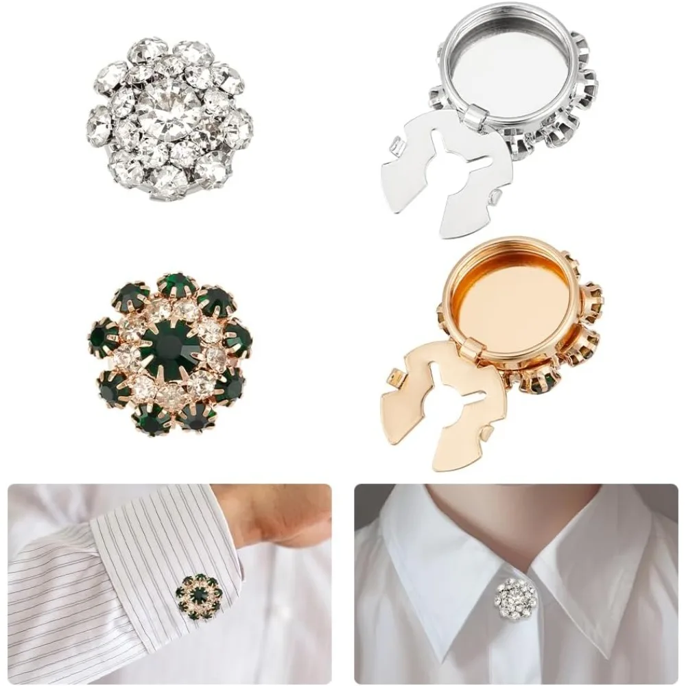 

4 Pcs 2 Colors Rhinestone Buttons Cover 21mm Flower Sleeve Buttons Cover Detachable Shirt Button Clips Jewelry for Dress Suit