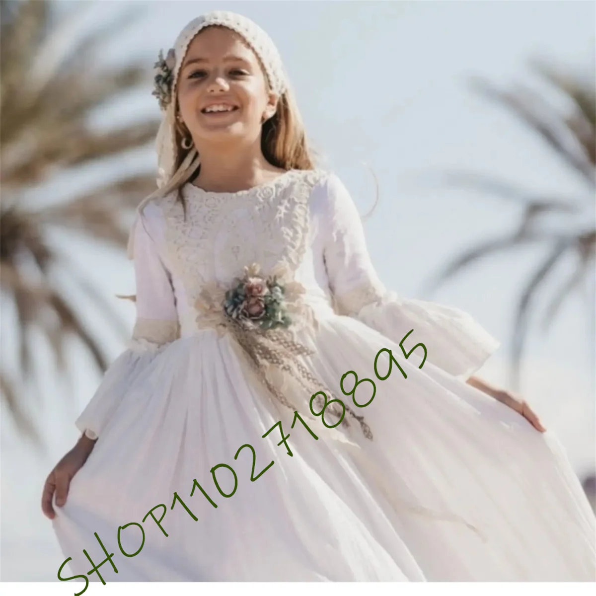 White Bohemia Princess Girl Dress with Flowers Belt Lace Embroidery on the Bodice A-Line Gown Wedding Minibridesmaid